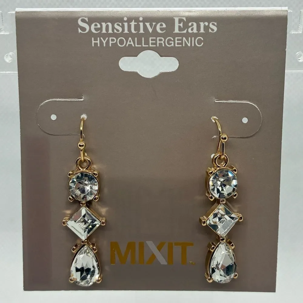 3For$20 MIXIT Gold Crystal Drop Earrings for Sensitive Ears